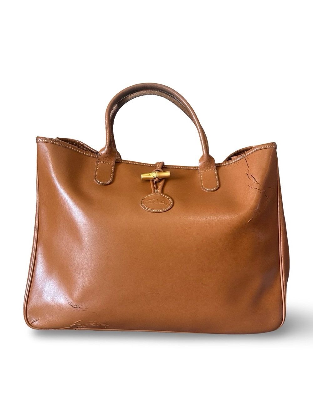 Longchamp Roseau Leather Tote in Cognac Brown with Gold Accent